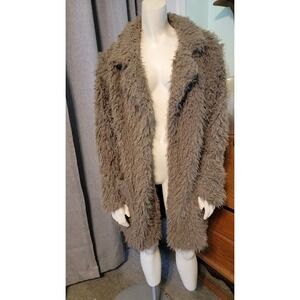 HYFVE Teddy Faux Fur Brown Long Open Front Jacket With Pockets SZ L Grunge Rock